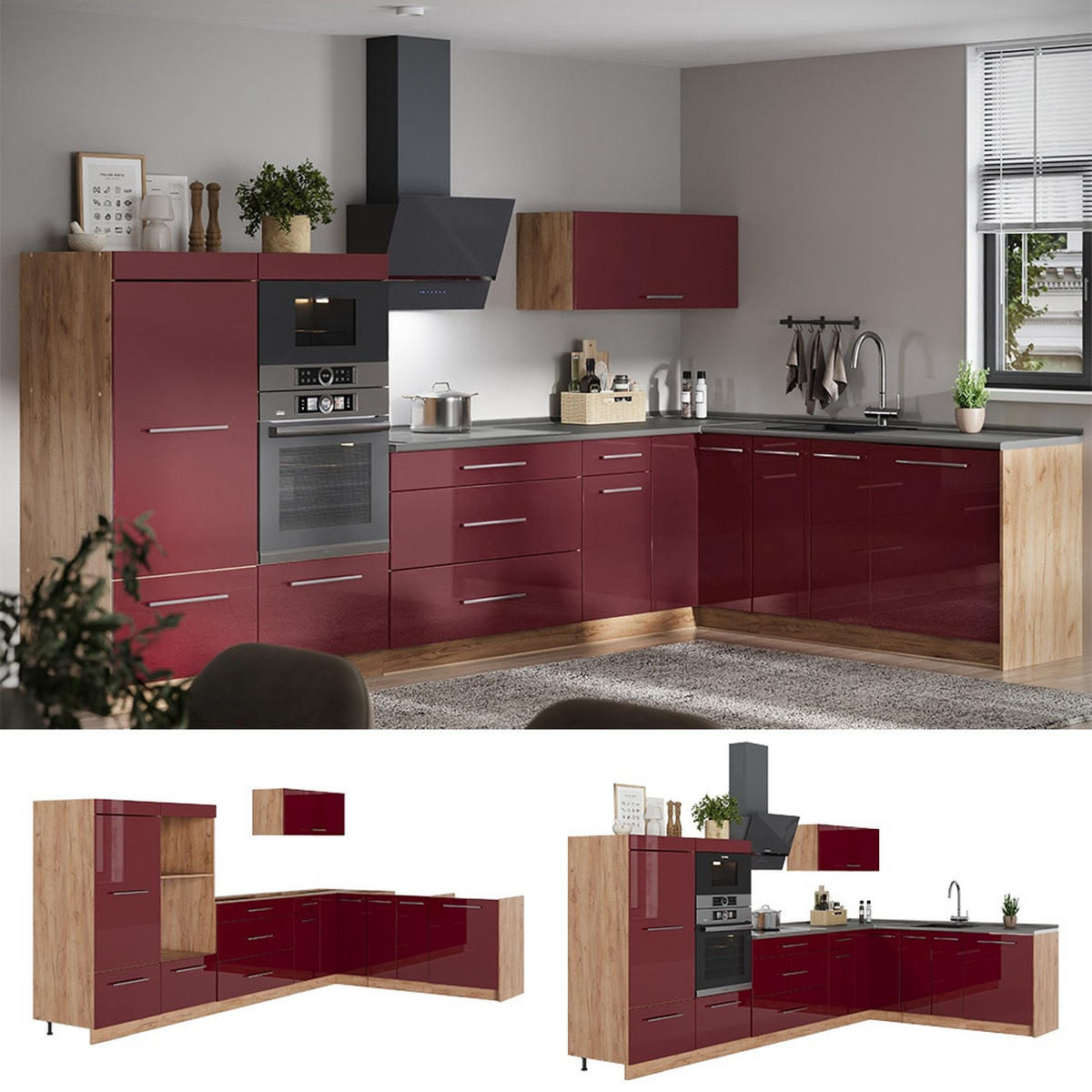 KUHINJA U OBLIKU SLOVA L Fame-Line, Bordo visokog sjaja/Hrast zlatnog tona, 347 x 207 cm, RP Hrast - hrast medunac/bordo, drvni materijal (347/153.6/60cm) - Vicco