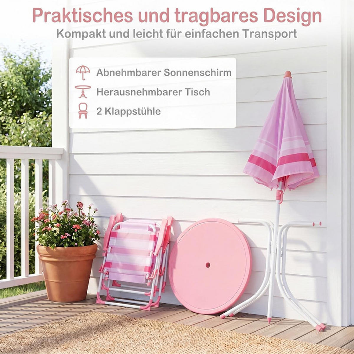KINDER-SITZGRUPPE mit Sonnenschirm rosa(4-tlg) - Pink, Metall - COSTWAY