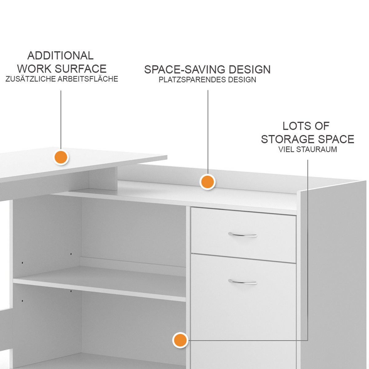 ECKSCHREIBTISCH Noira Weiß 135 x 77 cm mit Schublade - Weiß, Holzwerkstoff (77/135/115cm) - Vicco