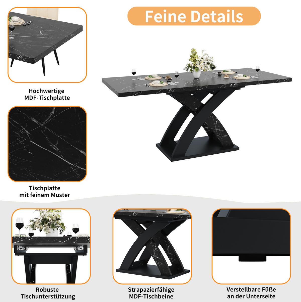AUSZIEHTISCH 120/80/75 cm in Schwarz mit Metallgestell – ausziehbar auf 160 cm - Schwarz, Holzwerkstoff (120/80/75cm) - BEAOK