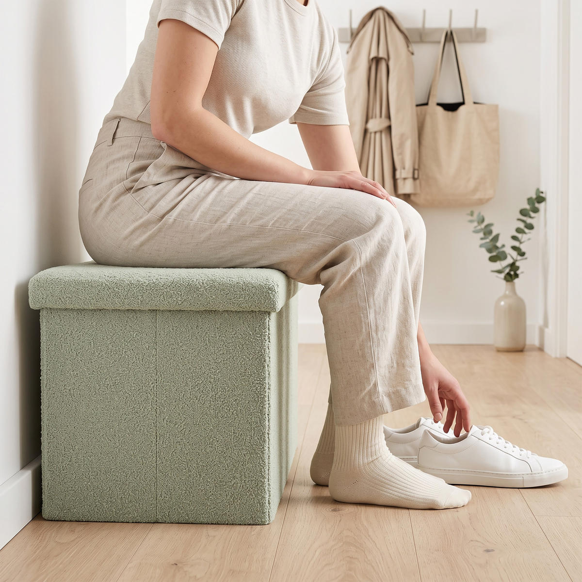 BÄNK Salviagrön teddytyg förvaring 38x76x38 cm - Grön, Träbaserade material/Textil (76/38/38cm) - Relaxdays
