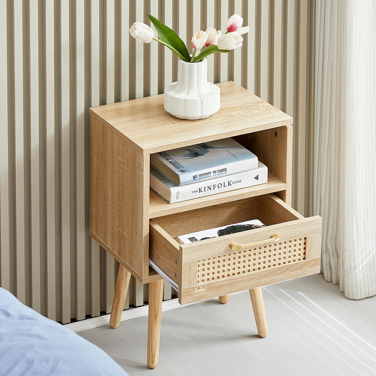 NACHTTISCH 30/40/55 cm natur aus MDF mit Rattanfront und Schublade - Hellbraun, Holzwerkstoff (30/55/40cm) - OKWISH