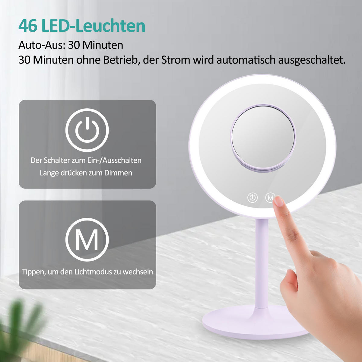 KOSMETIKSPIEGEL mit Licht mit Abnehmbare Saugnapfes, Violett, φ20 cm - Lila, Glas (20/35/20cm) - EMKE