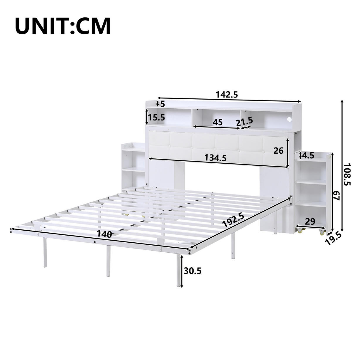 ČALOUNĚNÁ postel 140/190 cm šedá/bílá z kovu s LED osvětlením a nabíjecí stanicí - bílá, kov (140/190cm) - OKWISH