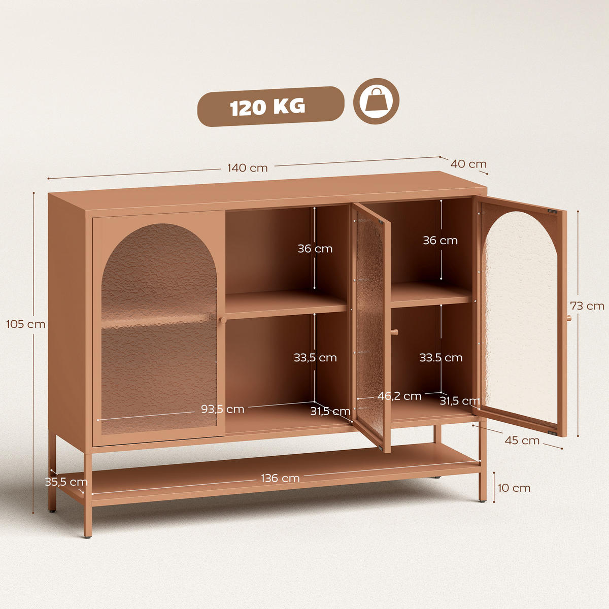 SIDEBOARD Rostbraun, 3 Glastüren, 140/40/105 cm - Rot, Holz (140/105/40cm) - PANGIVO