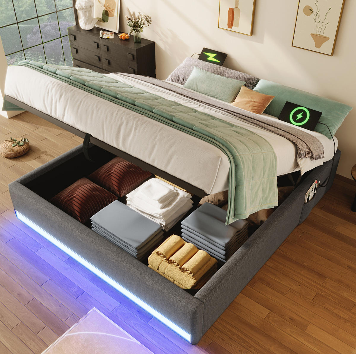 POLSTERBETT 140/200 cm Grau mit LED-Beleuchtung und USB-Anschlüssen - Grau, Textil (140/200cm) - OKWISH