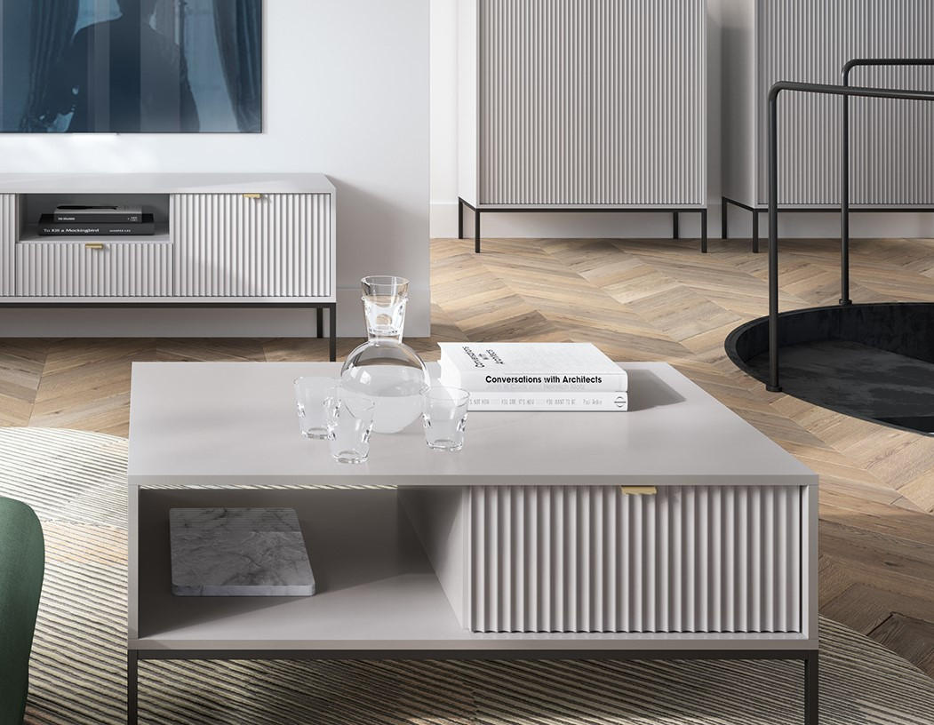 COUCHTISCH Kioto 104 cm in Grau mit Schubladen und Metallbeinen - Goldfarben/Schwarz, Holzwerkstoff/Metall (68/104/46cm) - Ravio