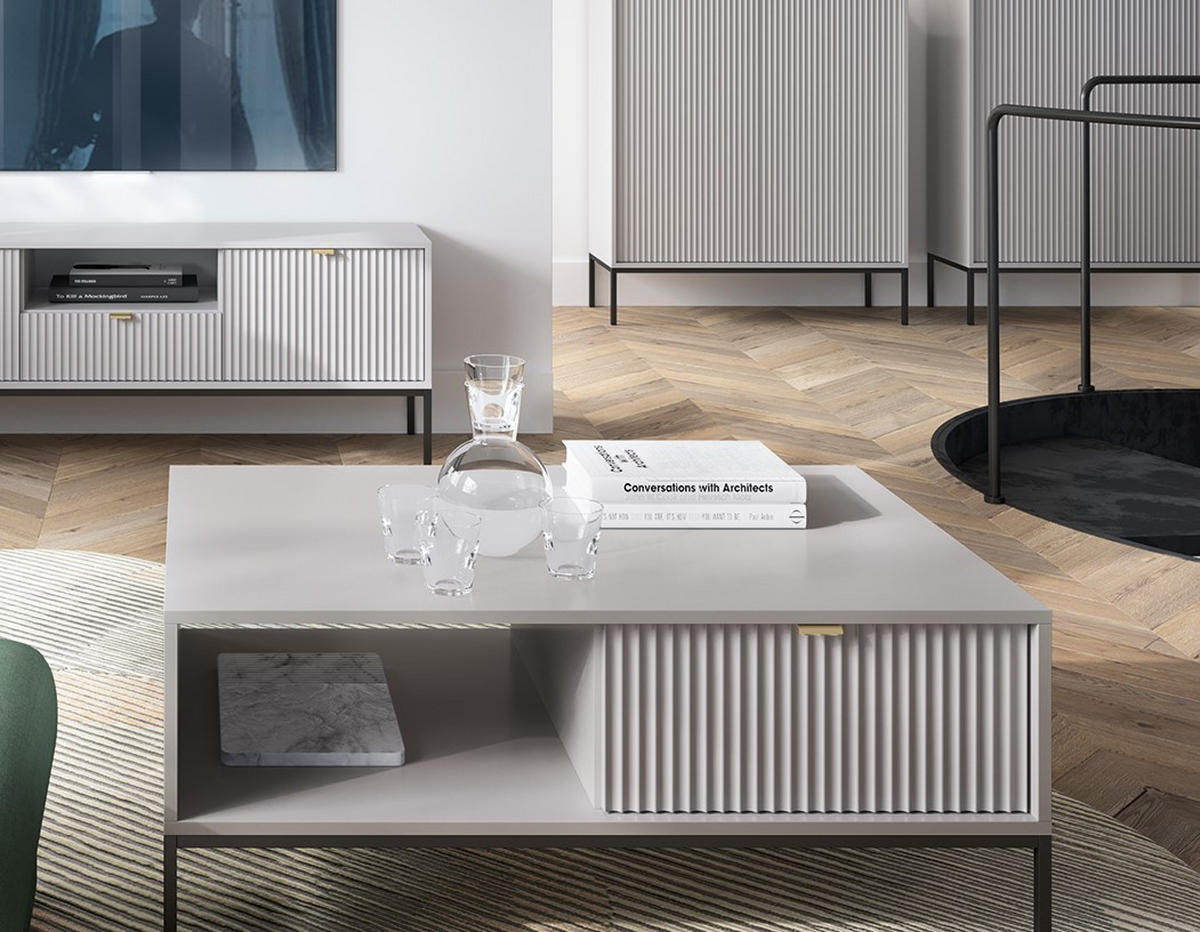 COUCHTISCH Kioto 104 cm in Grau mit Schubladen und Metallbeinen - Goldfarben/Schwarz, Holzwerkstoff/Metall (68/104/46cm) - Ravio