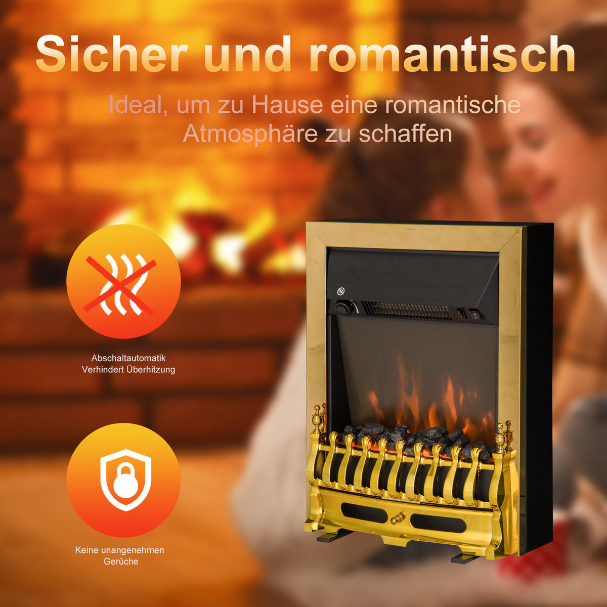 ELEKTROKAMIN, 1000/2000W, Flammeneffekt, Gold - Goldfarben, Metall (185/592/482cm) - HOMCOM