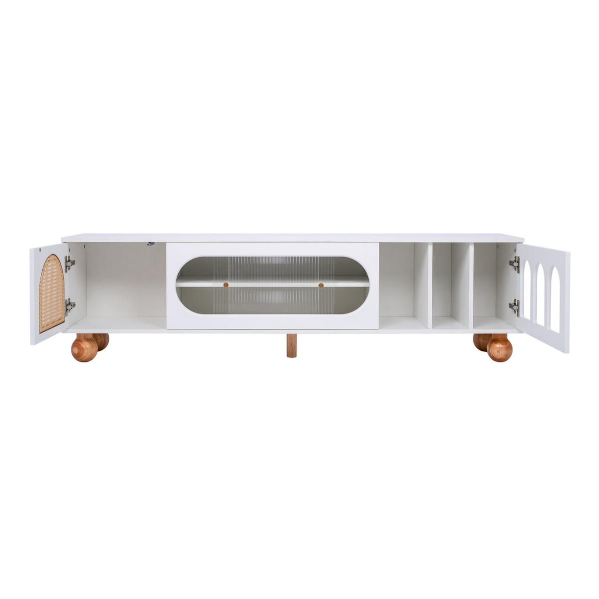 LOWBOARD 170/47/37 cm in Weiß mit Glasschiebetür und Rattan-Optik - Weiß, Holzwerkstoff (170/37/47cm) - Flora Grace