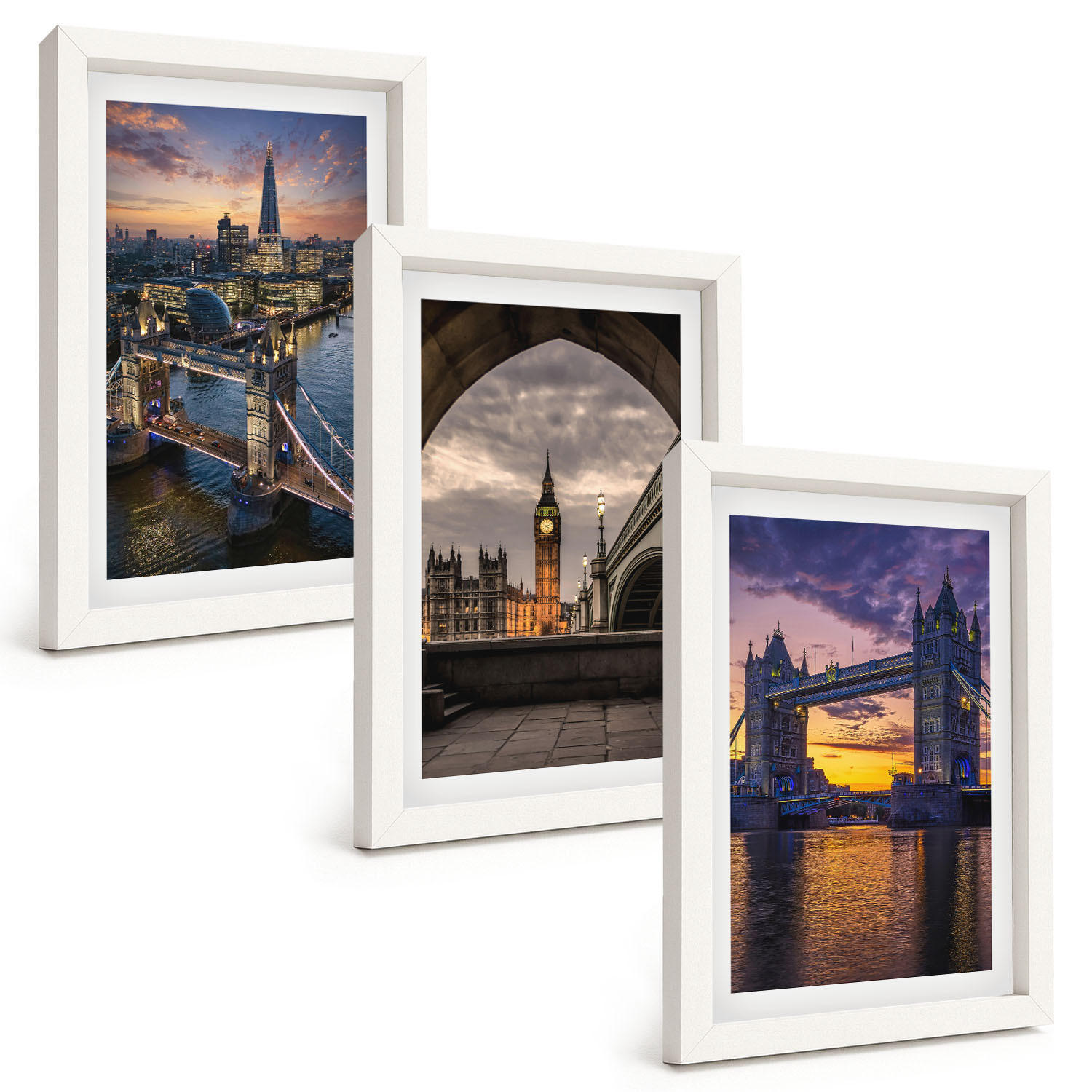 BILDER SET 3er Set - 20x30 cm Weißer Rahmen - Stadtbrücken, Uhrtürme - Weiß, Kunststoff (20/30cm) - TULUP