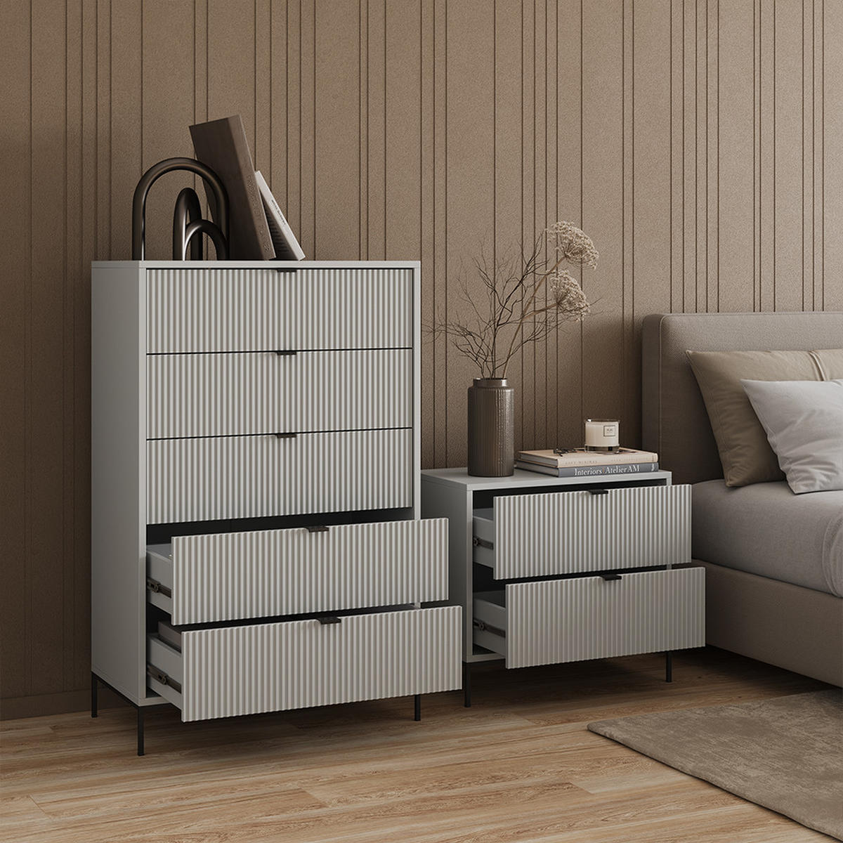 NACHTTISCHE Aterno Grau 2er Set - Grau, Holzwerkstoff (66/60/36cm) - Livinity®