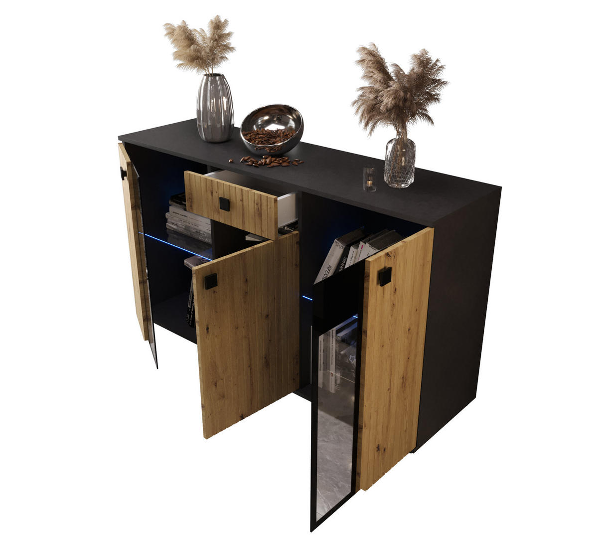 KOMMODE London LSMK LAMELE mit 3 Türen, Sideboard in Farbe: Braun|Schwarz, Größe: 140 x 80 x 40 cm - Schwarz/Braun, Holzwerkstoff (140/80/40cm) - O-Sofa