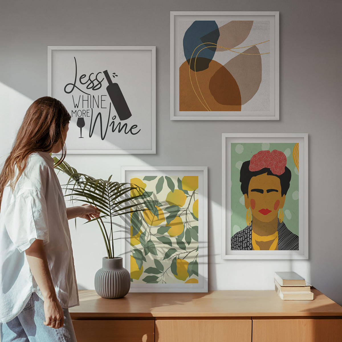 WANDBILDER 4er-Set - 50x50 cm & 40x60 cm Weißer Rahmen - Zitronenweinporträt von Frida - Weiß, Kunststoff (50/50cm) - ArtPrintCave