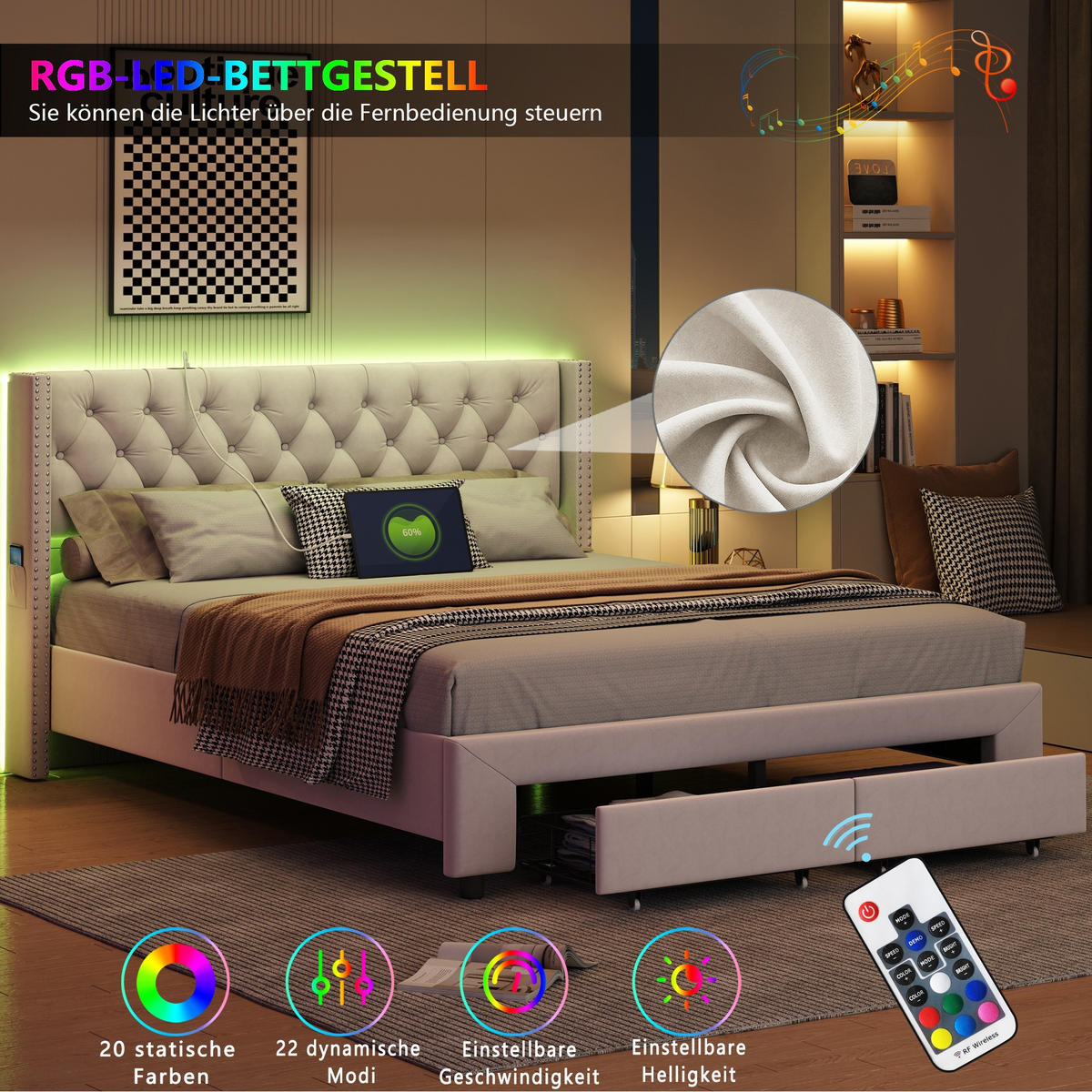STAURAUMBETT 180/200 cm, mit 2 Schubladen, LED-Beleuchtung, USB, Beige - Beige, Holzwerkstoff (180/200cm) - Brevoria