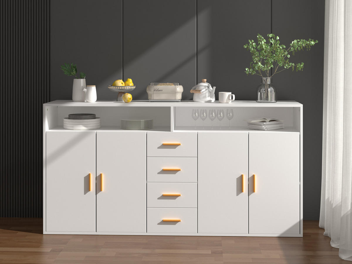 HOMAVO Sideboard mit 4 Schubladen – Anrichte – Kommode – Maße: 160 x 81 x 40 cm (L x H x P) - Weiß, Holzwerkstoff/Metall (160/81/40cm) - HOMAVO