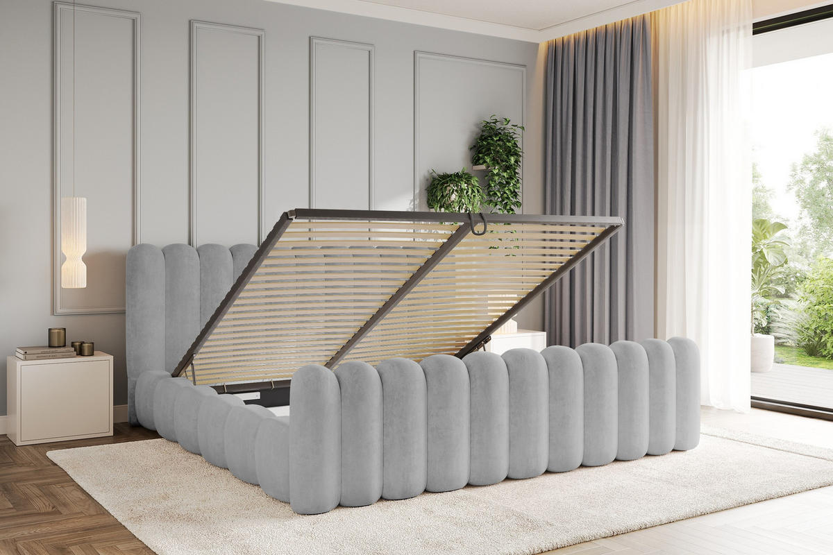 POLSTERBETT mit Bettkasten, Fußteil und Lattenrost, Boxbett ohne Matratze - SENA-Z 200x200 Grau - Hellgrau, Holzwerkstoff/Textil (200/200cm) - ALTDECOR