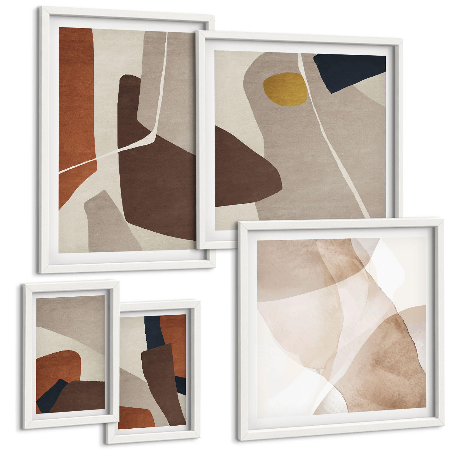 BILDER SET 5er Set - 50x50 cm & 20x30 cm & 40x60 cm Weißer Rahmen - Abstrakte moderne Formen - Weiß, Kunststoff (40/60cm) - TULUP
