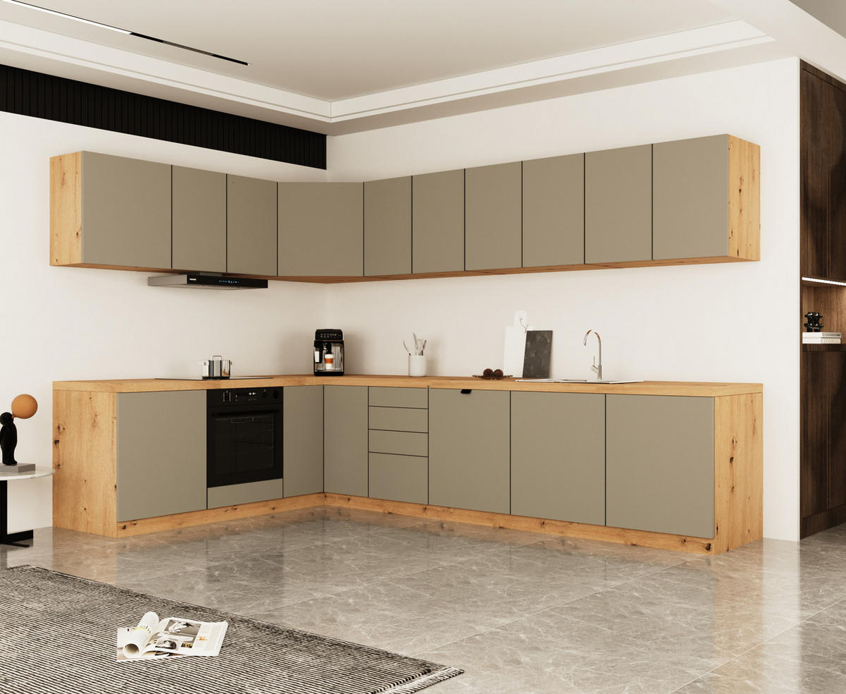 WINKELKÜCHE 300cm x 200cm- Langen KL24-M300 - in Beige/Matt - Beige, Holz (500/212/52cm)