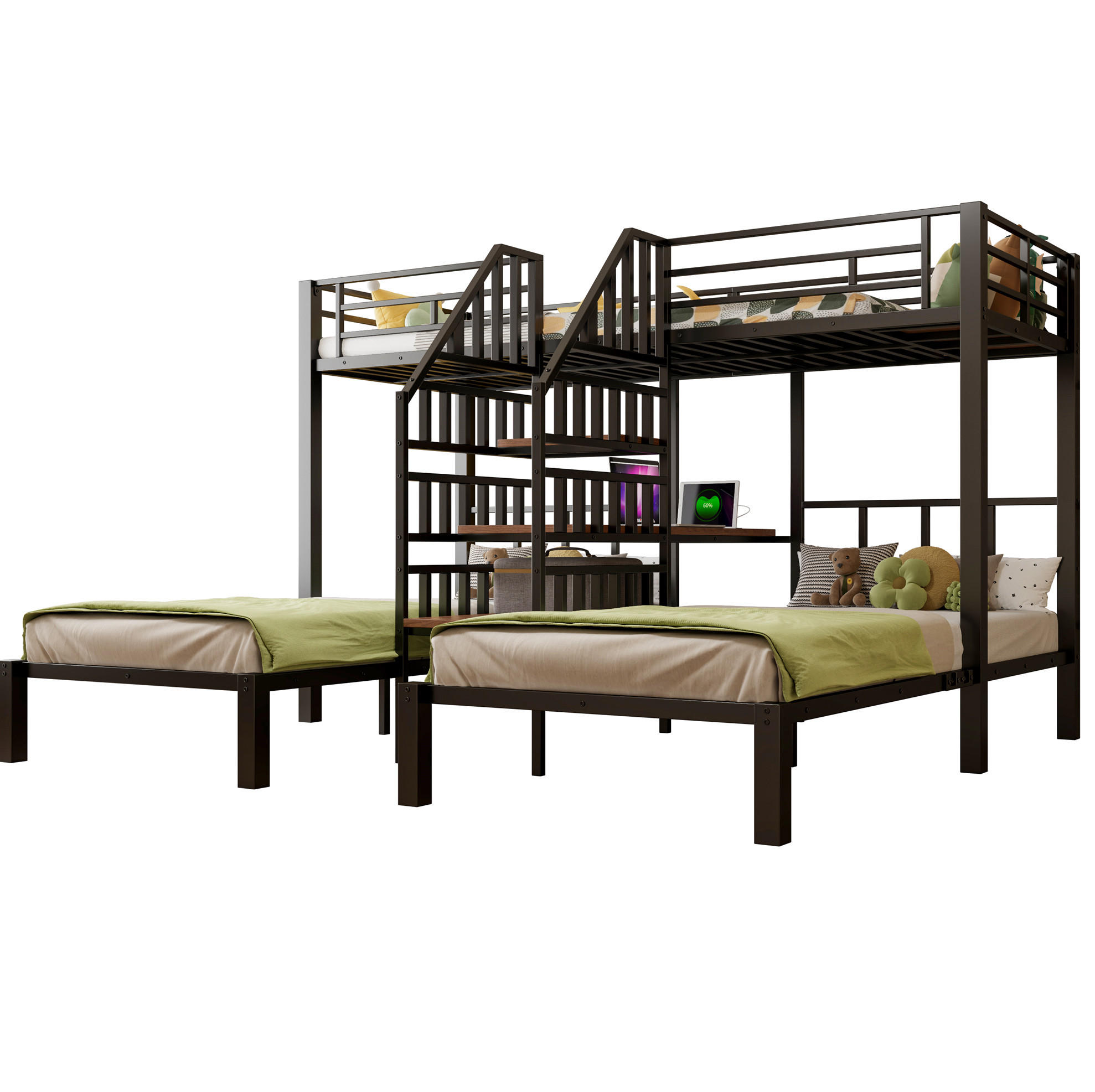 ETAGENBETT 90/200 cm mit LED-Beleuchtung, Schreibtisch, Stauraumtreppe, USB und Steckdose, Metall/MDF, Schwarz - Schwarz, Metall (90/200cm) - Redom