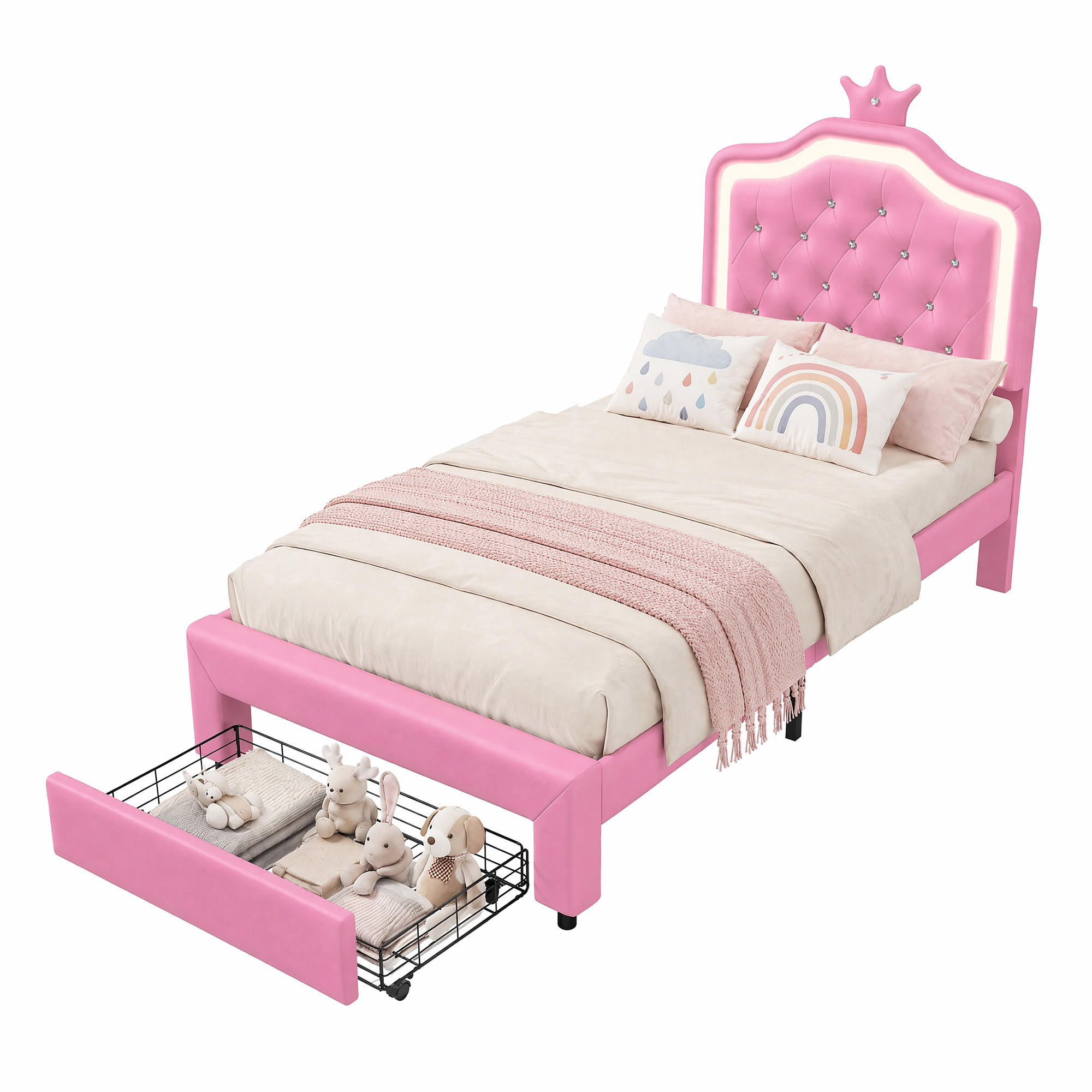 POLSTERBETT Princess Crown 90x200 cm mit höhenverstellbarem Kopfteil, PU, Lattenrost & LED-Beleuchtung, Rosa - Pink, Leder/Holz (90/200cm) - BursDany