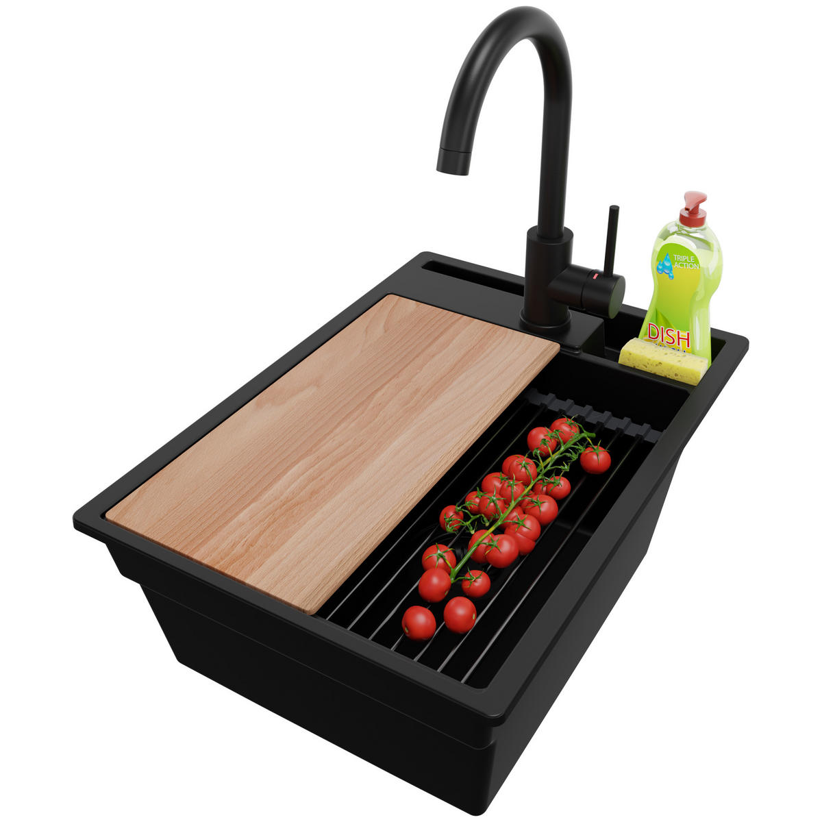 GRANITSPÜLE Oslo Pocket, 2-er set Alles Schwarz 38/53 cm 1 Becken + Küchenarmatur 32/20 cm + Ablauf-Set + Küchenzubehörset ab 40er Unterschrank - Beige/Schwarz, Kunststoff (38/20/53cm) - Primagran