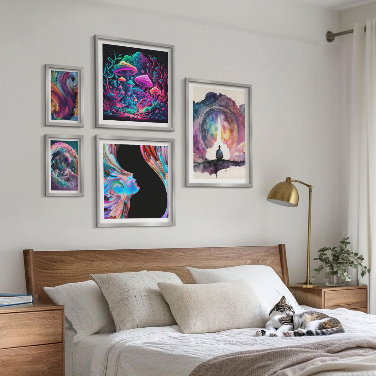 BILDER SET 5er Set - 50x50 cm & 20x30 cm & 40x60 cm Silberner Rahmen - Farbenfrohe Fantasy-Kunstillustrationen - Silberfarben, Kunststoff (40/60cm) - TULUP