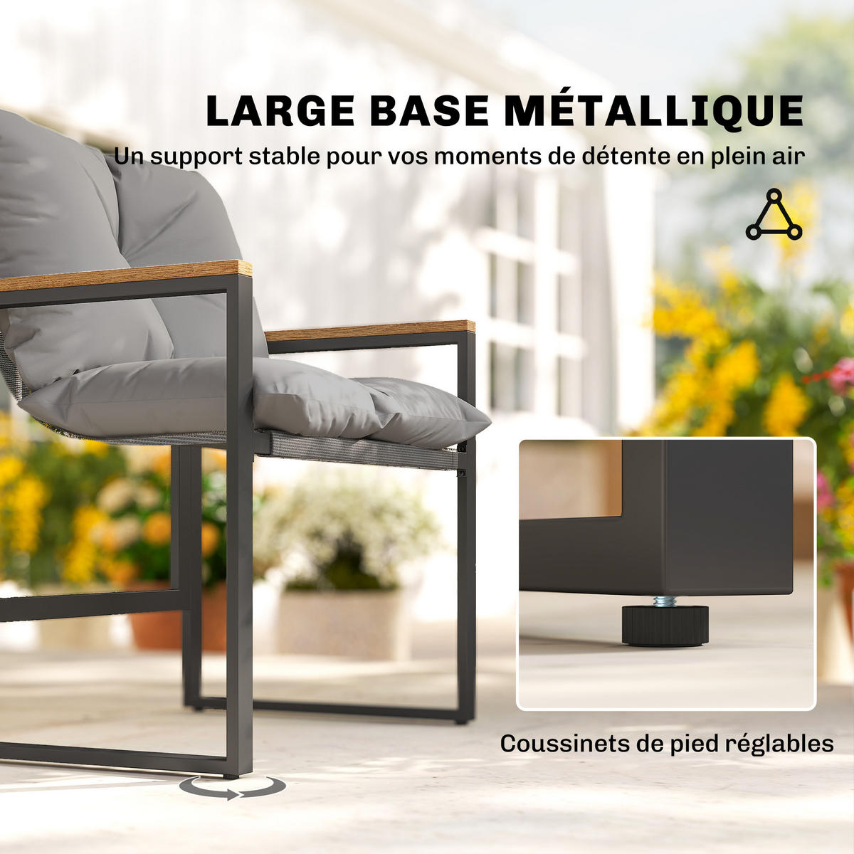 BALKONSET DE-14214 2 Sessel mit Kissen und Glastisch Grau - Grau, Metall - ComfortXL