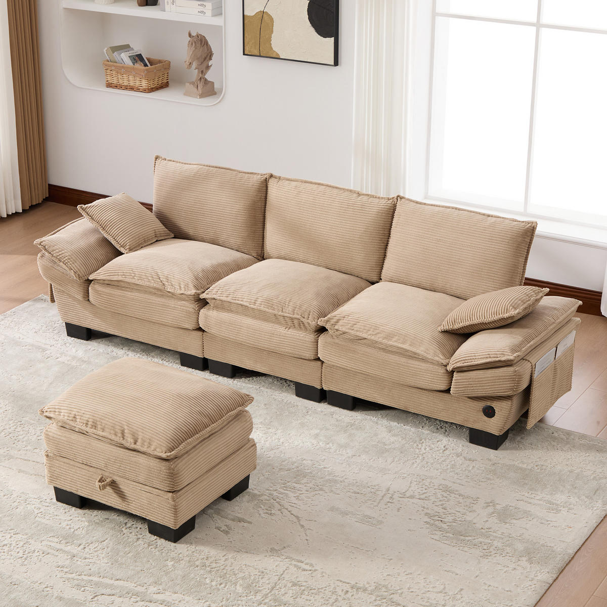 ECKSOFA 260/132/84 cm Khaki Cord mit 1 Fußhocker, USB-C-Anschluss und Seitentaschen - Sandfarben/Graubraun, Textil (260/132cm) - Oxeza