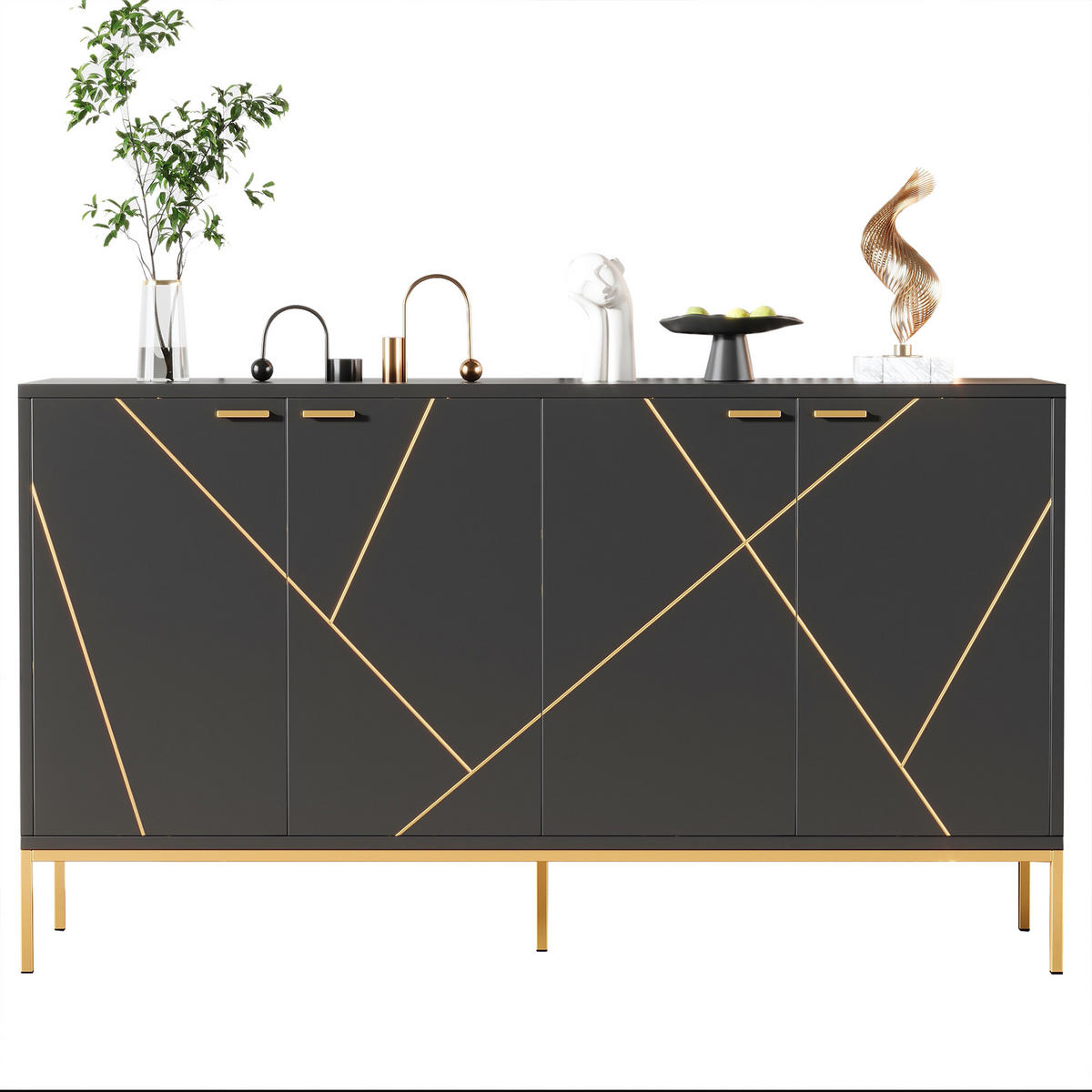 SIDEBOARD mit goldenen geometrischen Mustern - Schwarz, Holzwerkstoff/Metall (40/80/150cm) - Urban Meuble