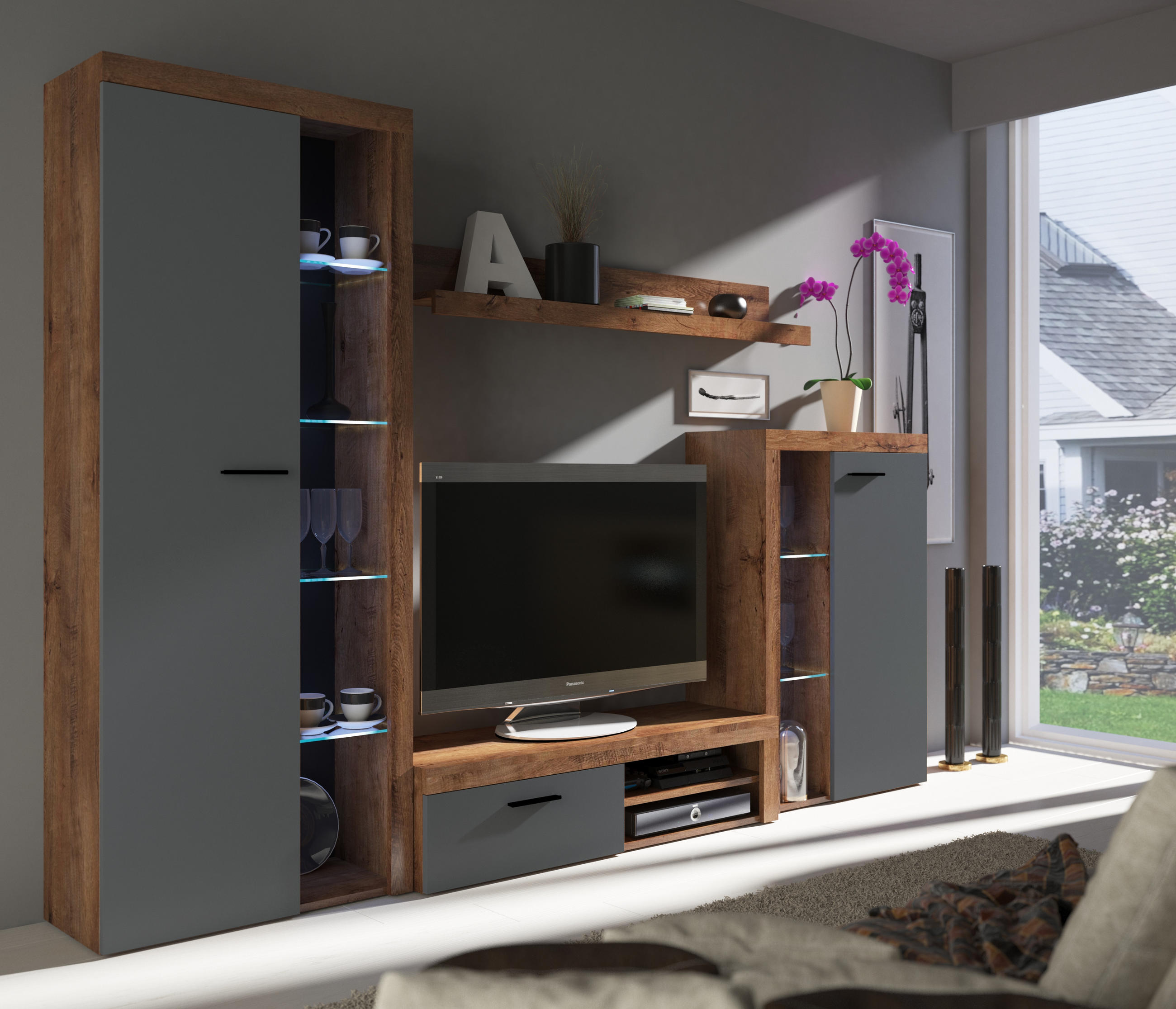 WOHNWAND OKTAWIA LED - Dunkelbraun/Graphitfarben, Holzwerkstoff (270/190/40cm) - Meblini