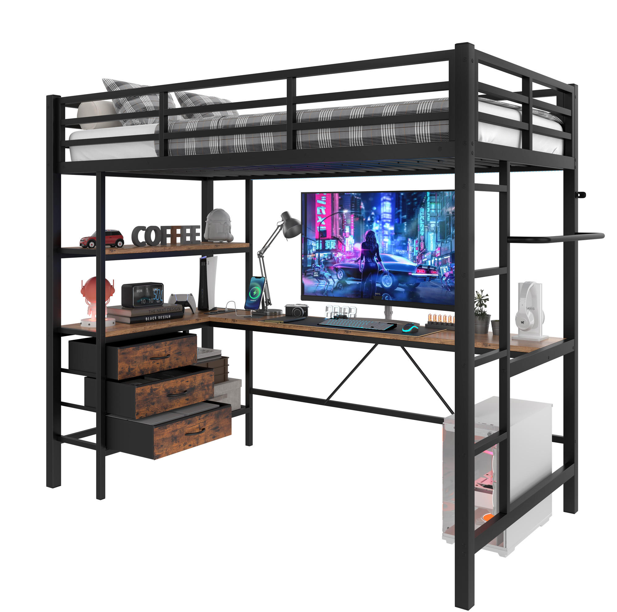 HOCHBETT 90/200 cm Schwarz aus Metall und MDF mit Schreibtisch - Schwarz, Metall (90/200cm) - OKMYHOME