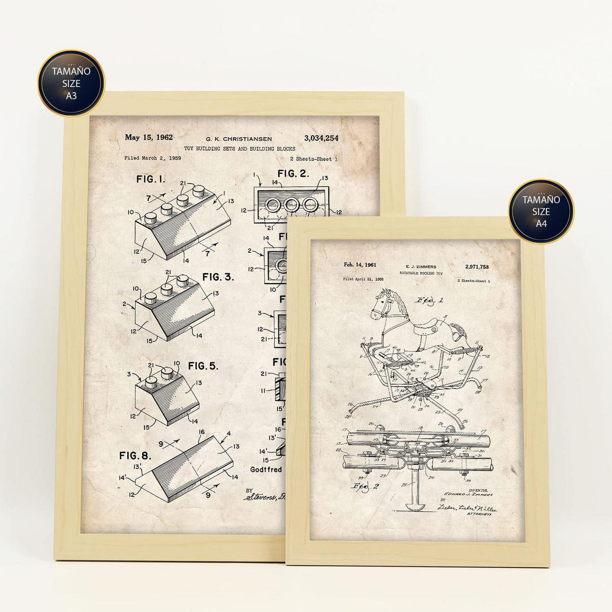 POSTER Set Mit 6 Plakaten Mit Spielzeuge Patenten Im Vintage Stil A3 & A4 Rahmen Aus Hellem Holz - Beige, Papier (29/3cm) - Nacnic