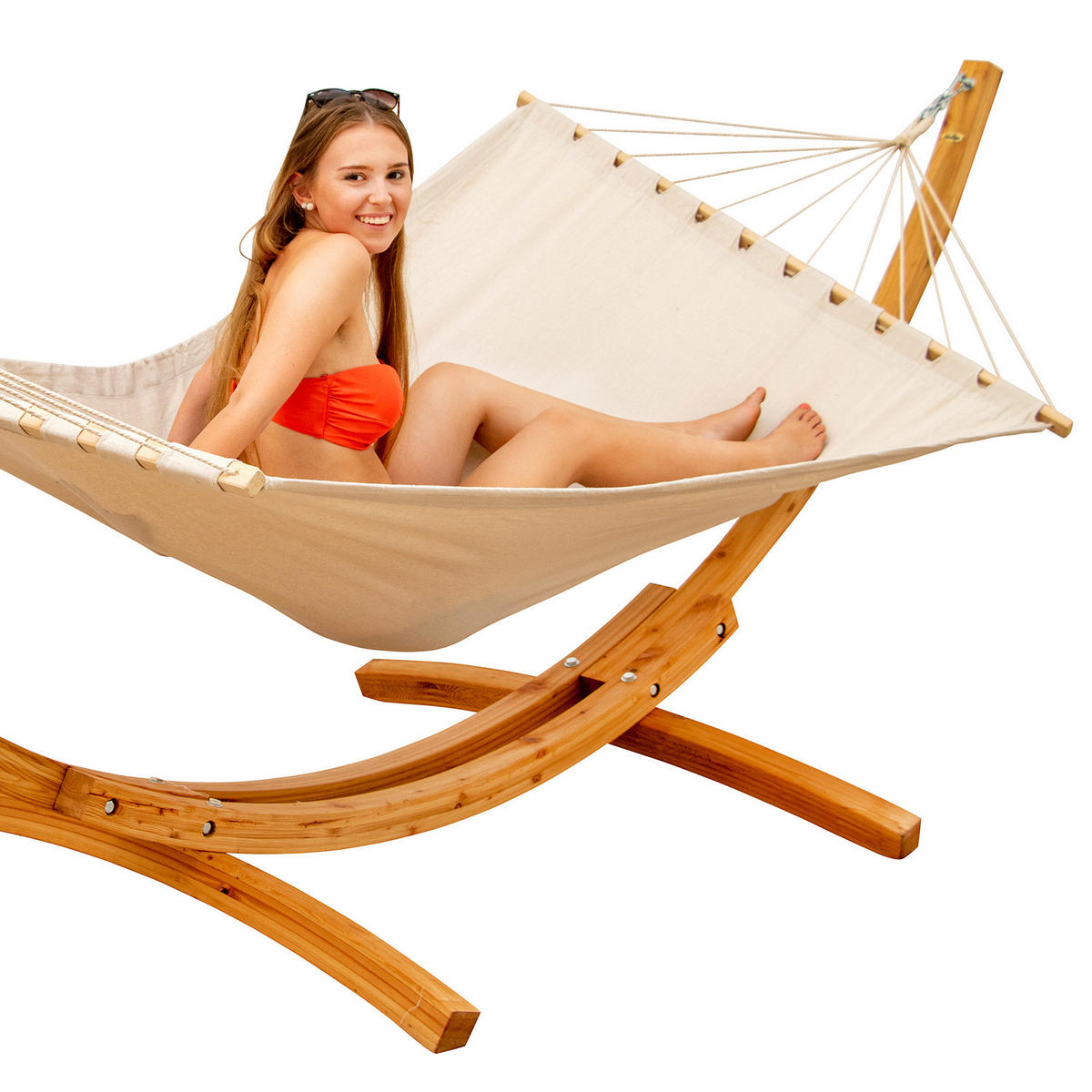 XXL-HÄNGEMATTE mit Holzgestell bis 150kg, 325/120cm, Beige - Beige, Holz (120/2.5/325cm) - Amanka