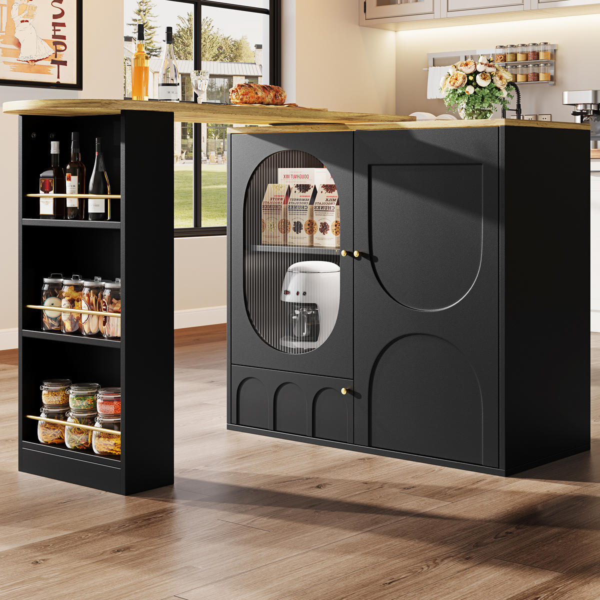 BARTISCH/KÜCHENINSEL aus MDF & Metall, 360° drehbar, 138/204/39/105 cm, Schwarz - Schwarz, Holzwerkstoff (39/105/138cm) - Redom