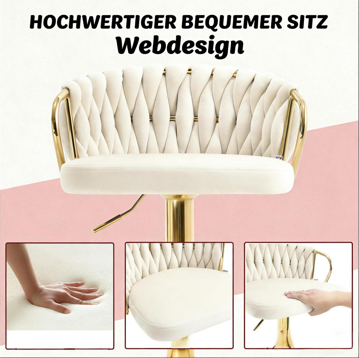 BARHOCKER 49,5/77–98/50,5 cm höhenverstellbar, 360° drehbar mit Armlehnen - Creme, Metall (49.5/98/50.5cm) - MIVRAY