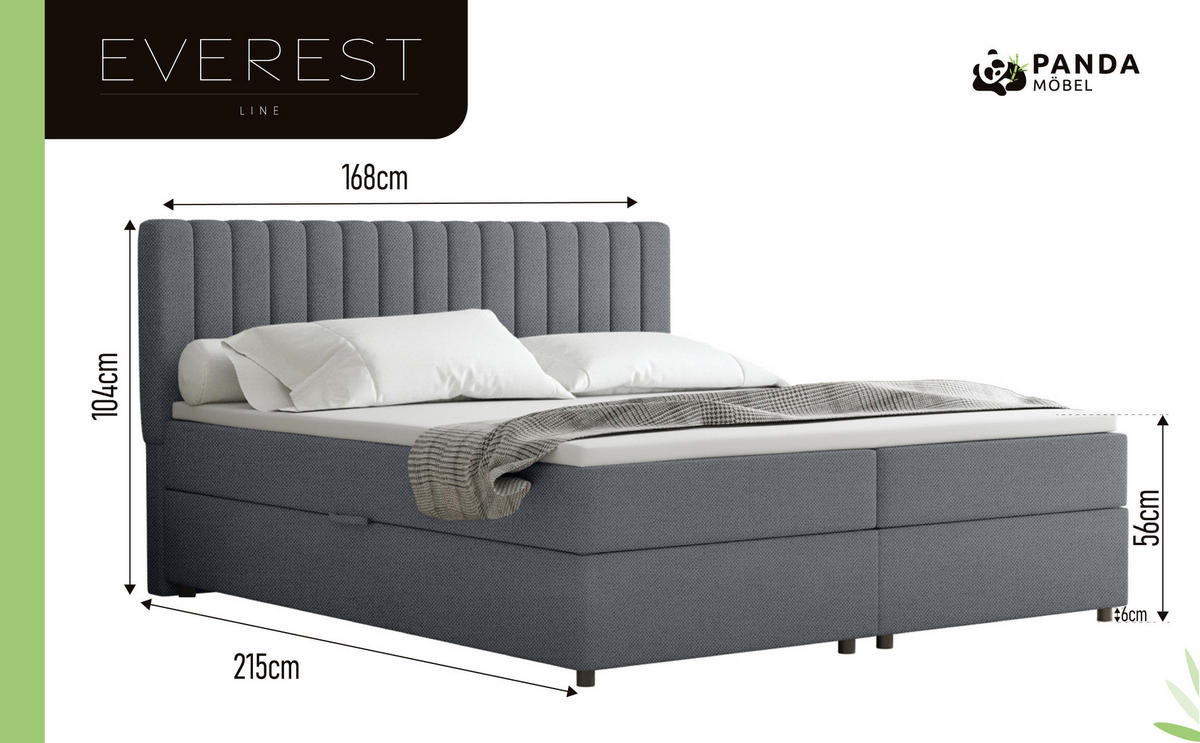 BOXBETT Everest grau 180 x 200 cm Doppelbett mit hochwertiger Bonell-Matratze und Topper - Dunkelgrau, Holz (180/200cm) - Panda Möbel