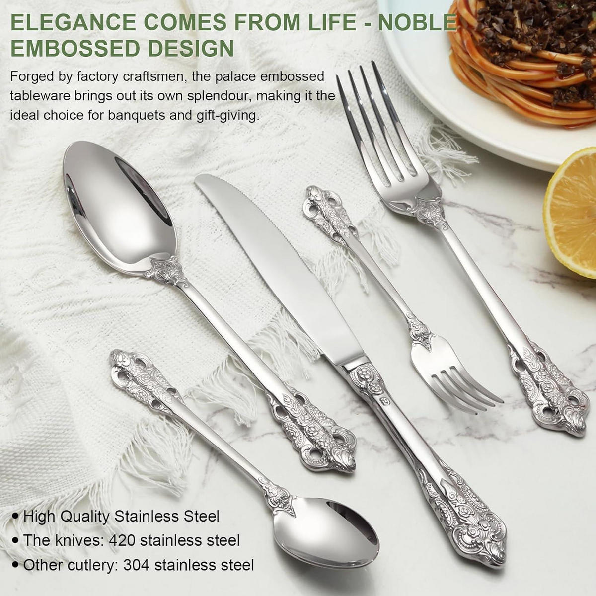 BESTECKSET 30-teiliges Set Edelstahl Silber Geprägte Griffe Spülmaschinenfest - Silberfarben, Metall