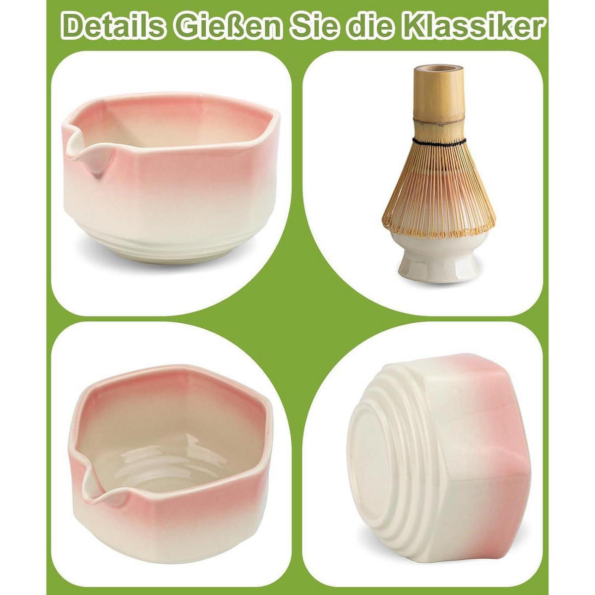 MATCHA Set 7-teiliges Set Keramikschale Bambusbesen Rosa - Rosa, Keramik (15/10/15cm)