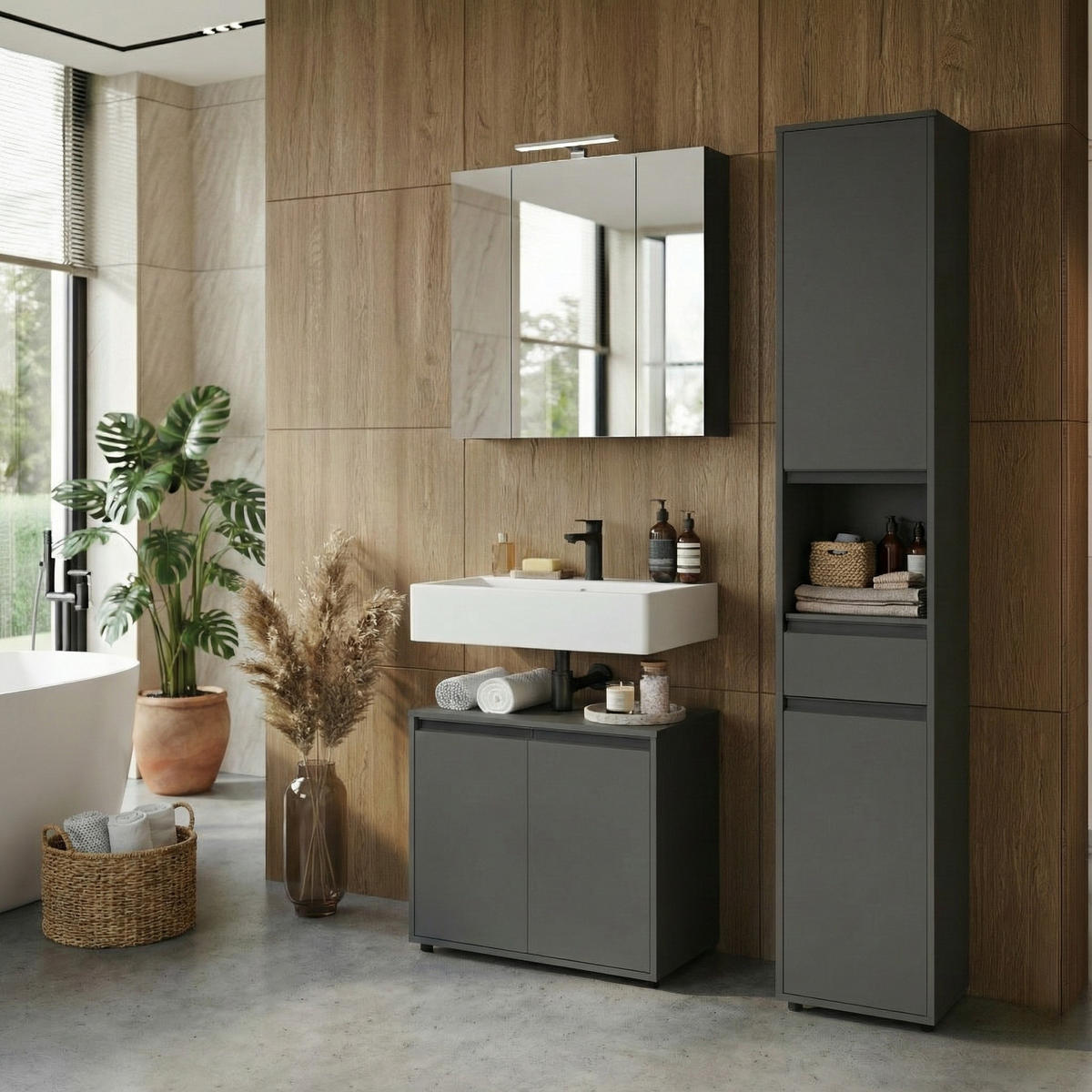 HOCHSCHRANK HAMBURG Soft-Close Modern 33x181x34 cm Graphit - Schwarz, Holzwerkstoff (33/181/34cm) - KADIMA DESIGN
