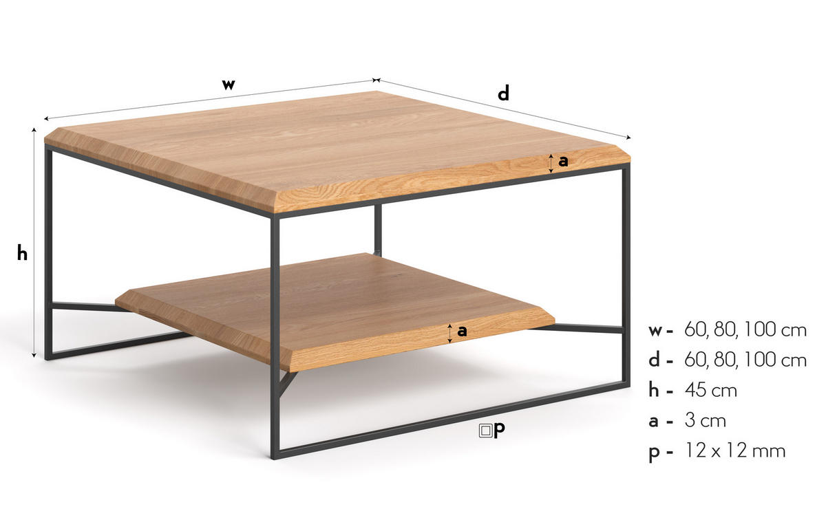 COUCHTISCH Mesa aus massivem Eichenholz 100x100 cm - Eichefarben/Schwarz, Holz/Metall (100/100/45cm) - Danzz