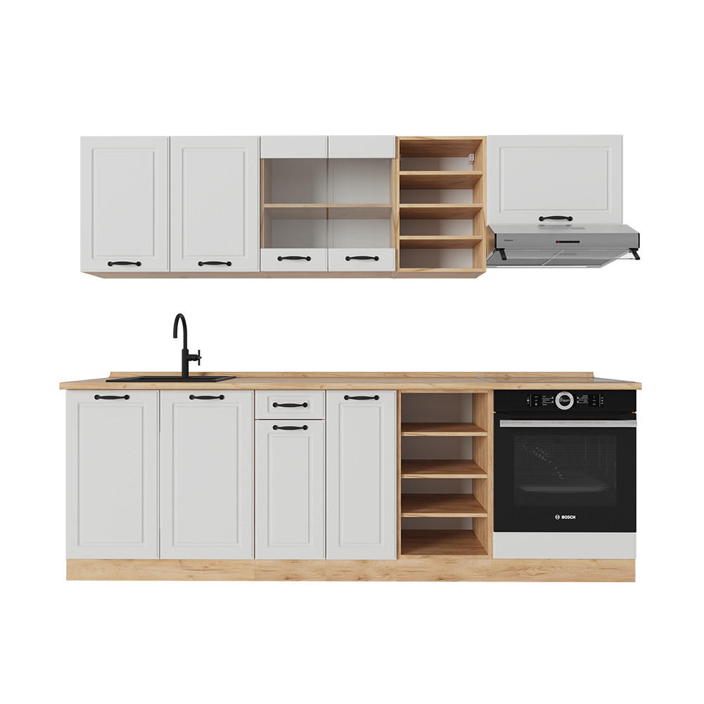 KÜCHENZEILE R-Line Weiß Landhaus/Goldkraft Eiche 240 cm ohne Arbeitsplatte - Eiche Wotan/Creme, Holzwerkstoff (240/81.6/46cm) - Vicco