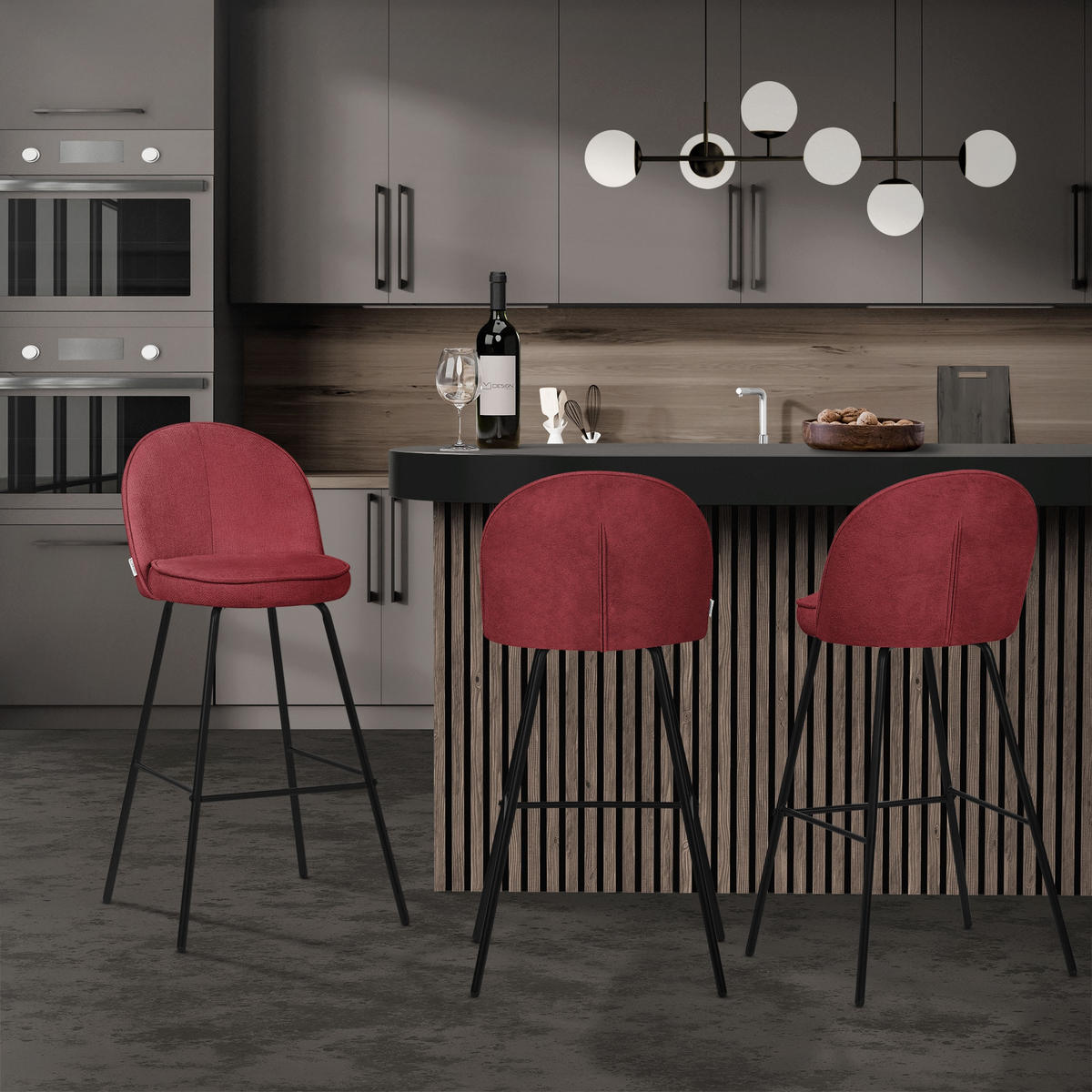 BARHOCKER 4er Set Rot mit Stoffbezug - Rot/Schwarz, Textil/Metall (52/102/50cm) - ML-DESIGN