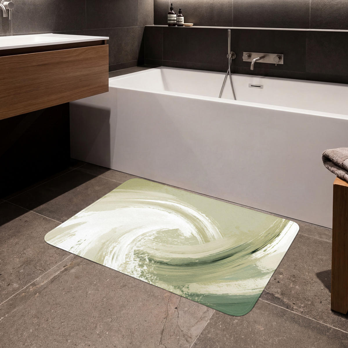 KOUPELNOVÁ PŘEDLOŽKA Abstraktní - Tahy štětcem - Vlny - Zelená 90x60 cm - mátově zelená, textil/plast (90/60cm)