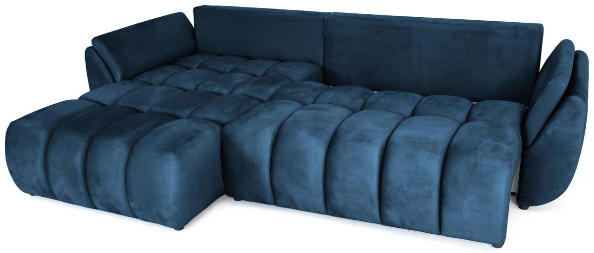 ECKSOFA Iris mit Schlaffunktion und Bettkasten, links oder rechts montierbar – Dunkelblau Samt 280/184/85 cm - Blau/Schwarz, Kunststoff/Textil (280/184cm) - WFL GROUP