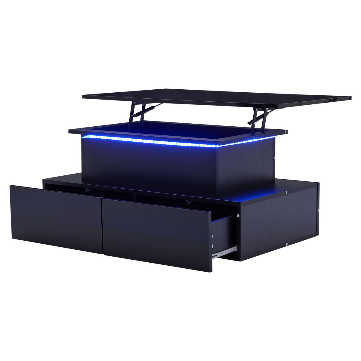 COUCHTISCH 90/55/41 cm schwarz mit LED-Beleuchtung und 4 Schubladen - Schwarz, Holzwerkstoff (90/55/41cm) - OKWISH