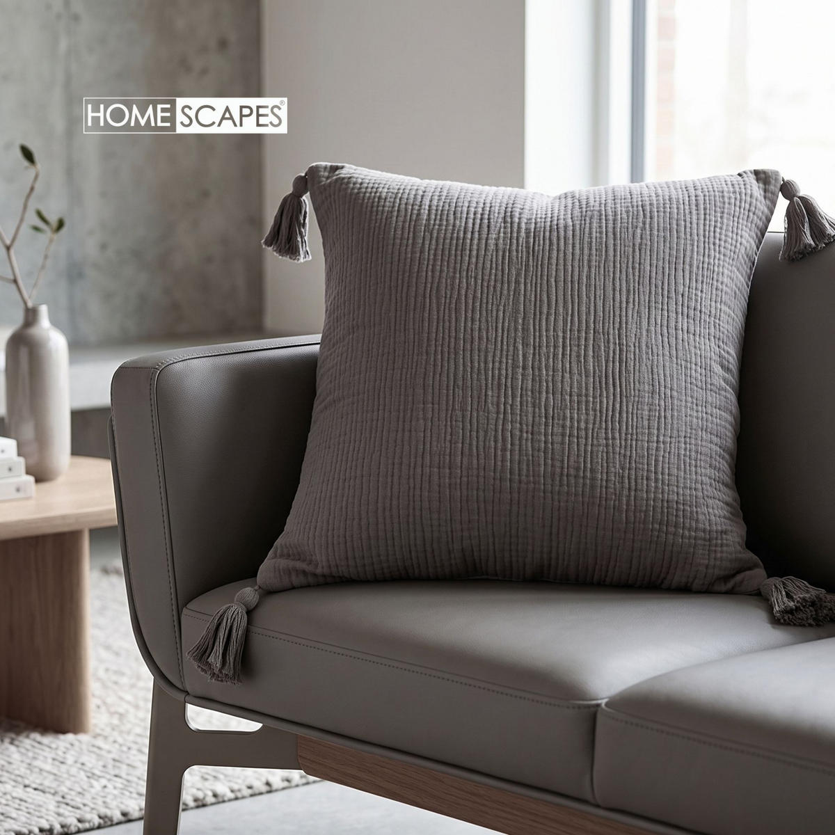 DEKOKISSEN Musselin grau mit Quasten, 45/45 cm - Grau, Textil (45/45cm) - Homescapes