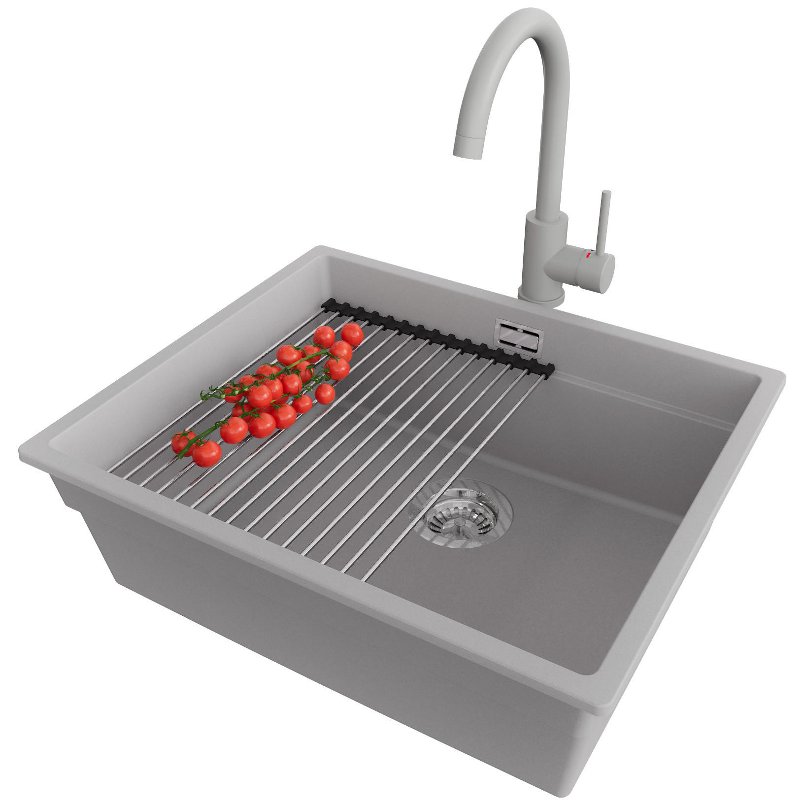 GRANITSPÜLE Praga Slim, 2-er set Grau 56/47 cm 1 Becken + Küchenarmatur 32/20 cm + Ablauf-Set + Aufrollbare Abtropffläche ab 60er Unterschrank - Chromfarben/Grau, Kunststoff (56/20/47cm) - Primagran