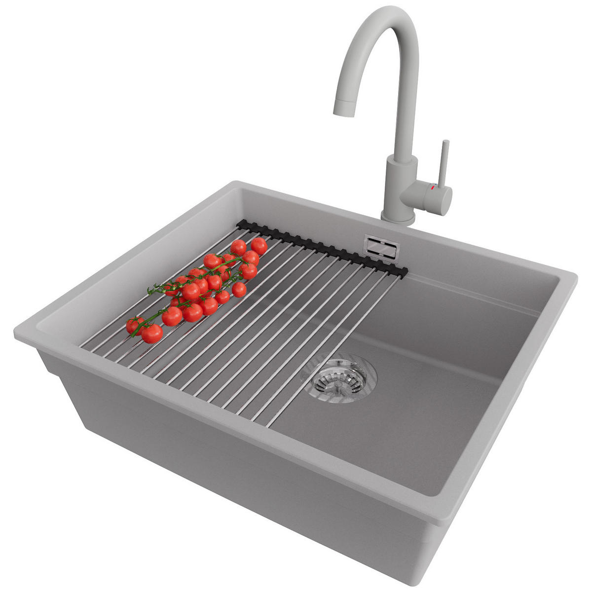 GRANITSPÜLE Praga Slim, 2-er set Grau 56/47 cm 1 Becken + Küchenarmatur 32/20 cm + Ablauf-Set + Aufrollbare Abtropffläche ab 60er Unterschrank - Chromfarben/Grau, Kunststoff (56/20/47cm) - Primagran