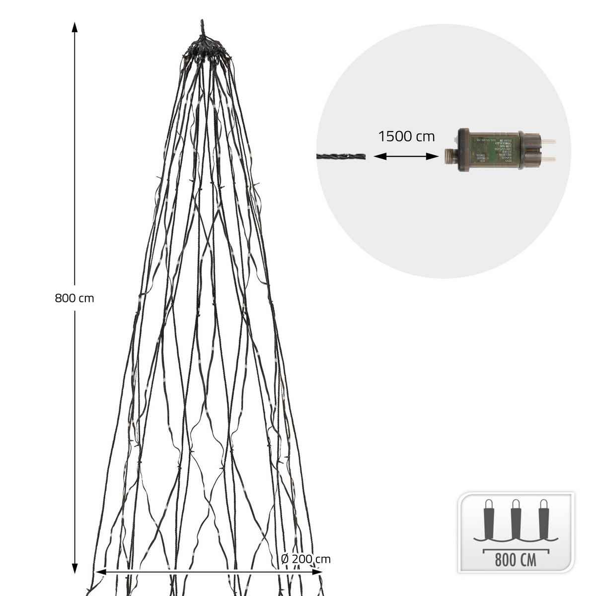 LED LICHTERKETTE für Fahnenmast und Weihnachtsbaum Weihnachtsbeleuchtung Außen 8m 1440 LED Warmweiß - Schwarz, Kunststoff (200cm) - ECD-Germany